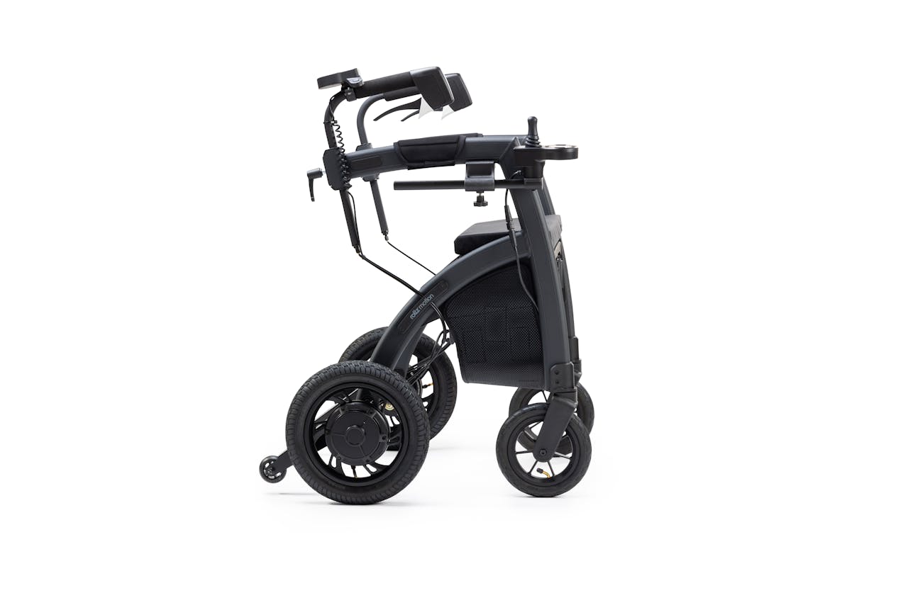 Sleek motorized wheelchair displayed on a white background, showcasing advanced design.